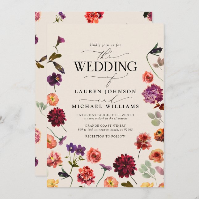 Fall Summer Garden Burnt Orange Flowers Wedding Invitation (Front/Back)