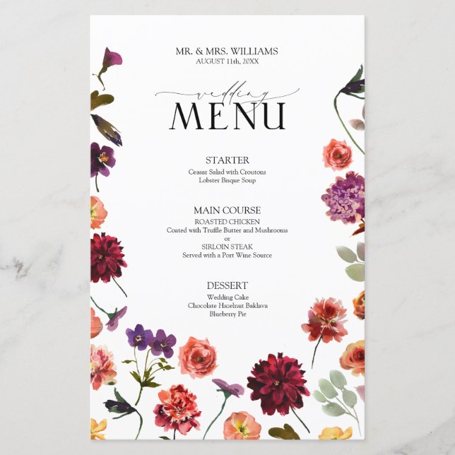 Fall Summer Garden Burnt Orange Wedding Menu (Front)