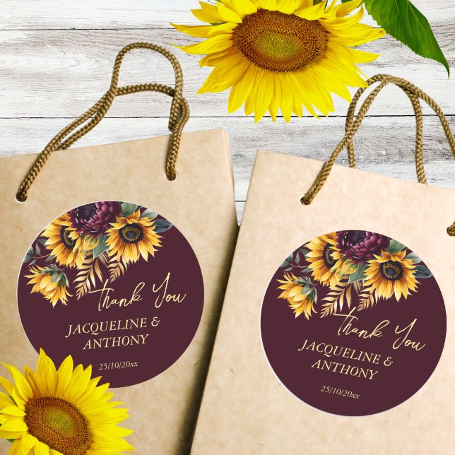 Fall summer wedding Burgundy sunflowers favour Classic Round Sticker (Fall summer wedding Burgundy sunflowers favor thank you Sticker)
