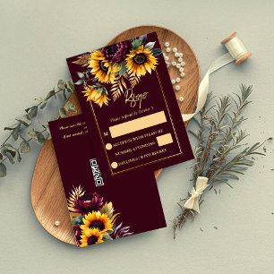 Fall summer wedding burgundy sunflowers RSVP card
