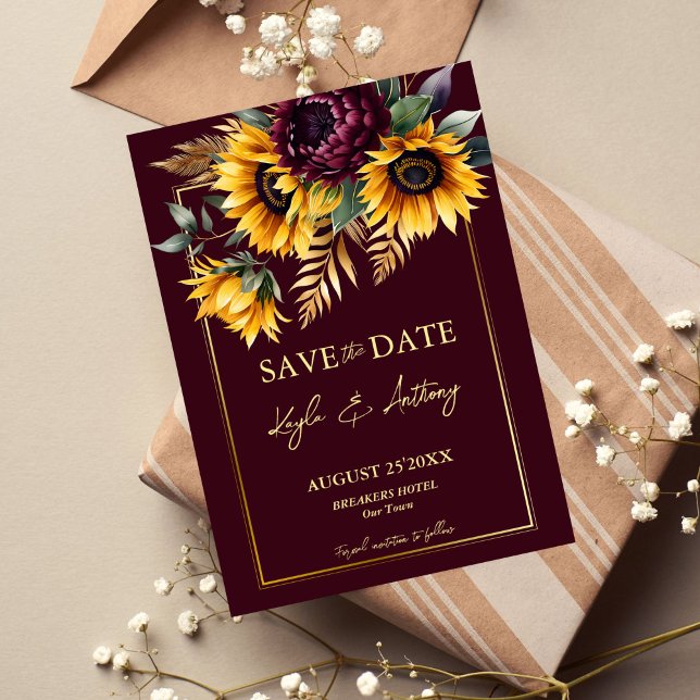 Fall summer wedding burgundy sunflowers save the date (Fall summer wedding burgundy and yellow sunflowers save the date card template digital download)