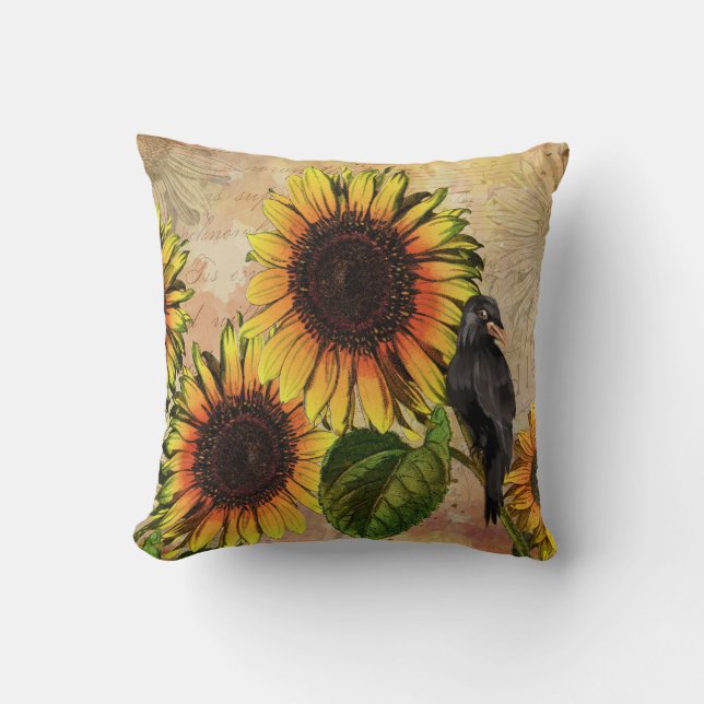 Fall Sunflower and Crow Black Bird Throw Pillow (Front)