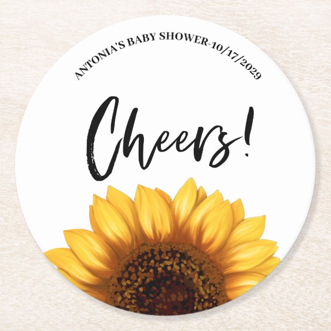 Fall Sunflower Baby Shower Round Paper Coaster (Front)