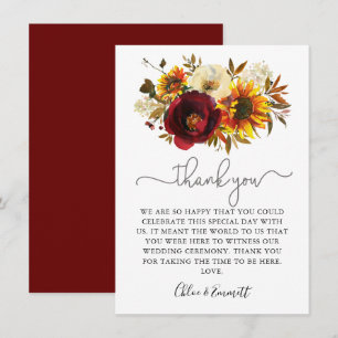 Fall Sunflower Burgundy Floral Wedding Thank You Card