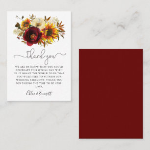 Fall Sunflower Burgundy Floral Wedding Thank You Place Card