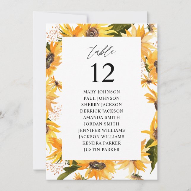 Fall Sunflower Floral Table Number Seating Chart (Front)