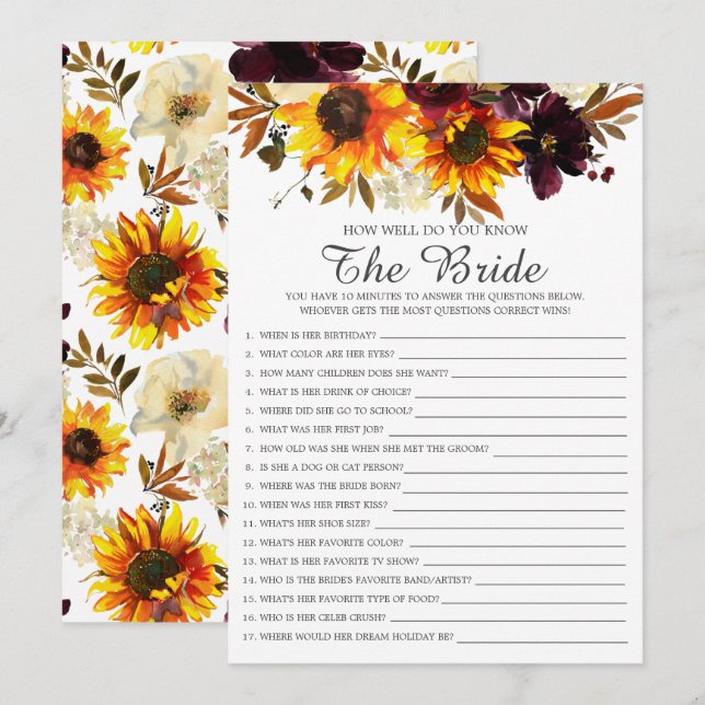 Fall Sunflower How Well Do You Know The Bride Game Invitation (Front/Back)