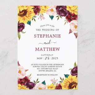 Fall Sunflower Red Roses Floral Wedding Invitation