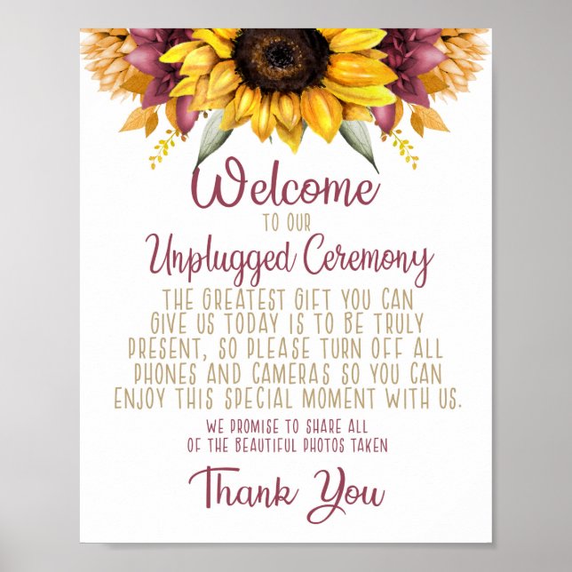 Fall Sunflower Unplugged Wedding Poster (Front)