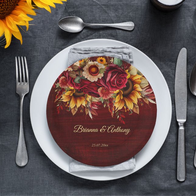 Fall sunflower wedding burgundy monogram printed paper plate (Fall sunflower wedding burgundy monogram printed paper plates personalized wedding decor)