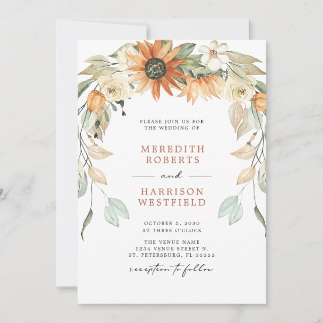 Fall Sunflower Wreath QR Code RSVP Autumn Wedding Invitation (Front)