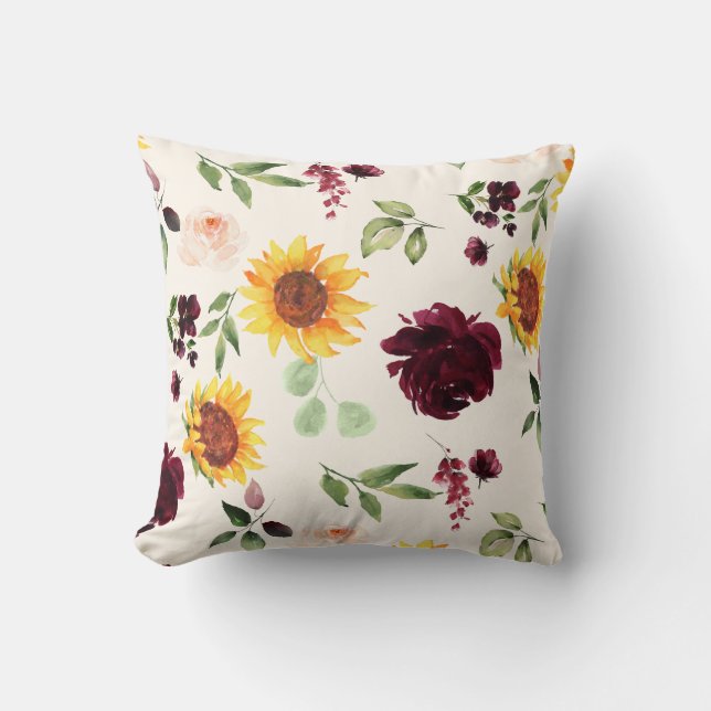 Fall Sunflowers and Burgundy Roses Home Decor Cushion (Front)