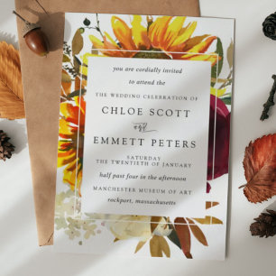 Fall Sunflowers Burgundy Rose Modern Wedding Invitation