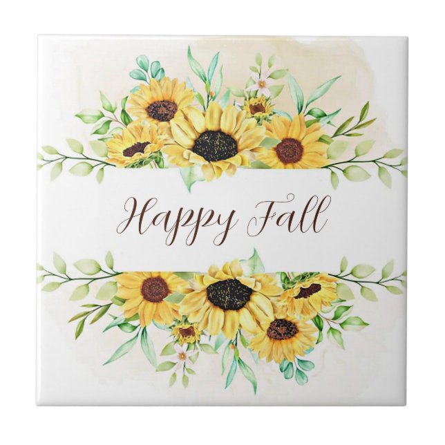 Fall Sunflowers frame with customisable text  Ceramic Tile (Front)