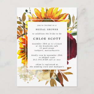 Fall Sunflowers Rose Bridal Shower Invitation Postcard
