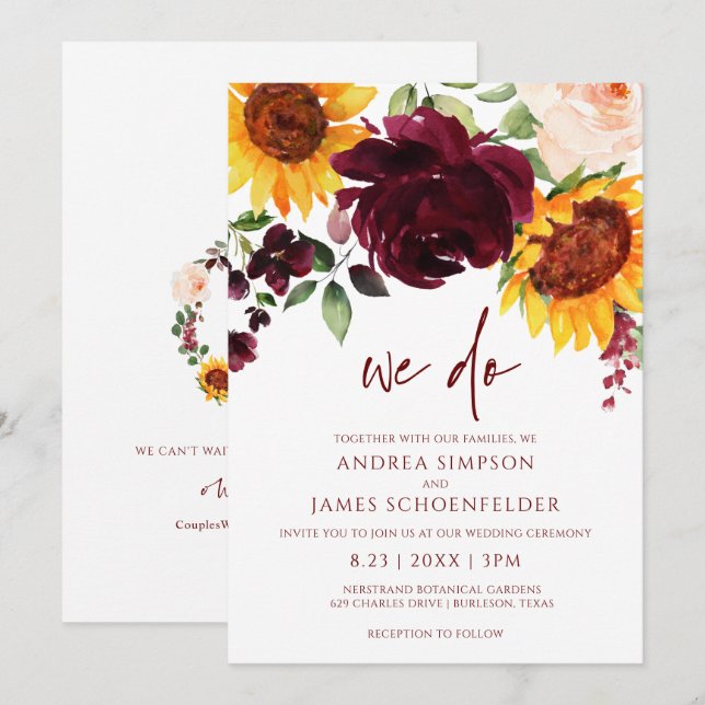 Fall Sunflowers Roses Burgundy Red Autumn Wedding  Invitation (Front/Back)