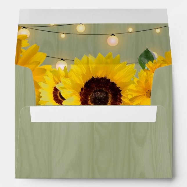 Fall Sunflowers Sage Wood String Of Lights Wedding Envelope (Back (Bottom))