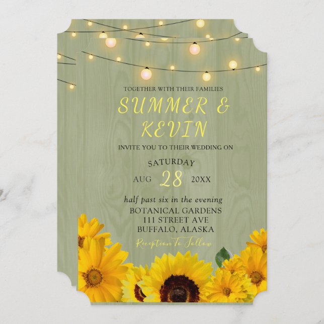 Fall Sunflowers Sage Wood string Of Lights Wedding Invitation (Front/Back)
