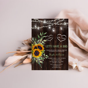 Fall Sunflowers String Lights Barn Wood I DO BBQ Invitation