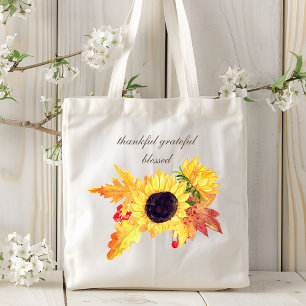 Fall Sunflowers Thankful Grateful Blessed   Floral Tote Bag
