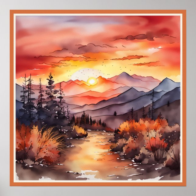 Fall Sunset on the Mountain Watercolor Faux Mat Poster (Front)