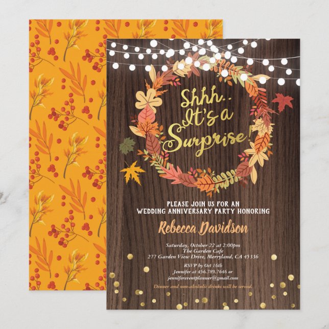 Fall surprise gold wedding anniversary party invitation (Front/Back)