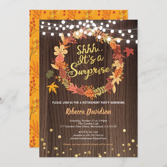 Fall surprise retirement party thanksgiving rustic invitation (Front/Back)