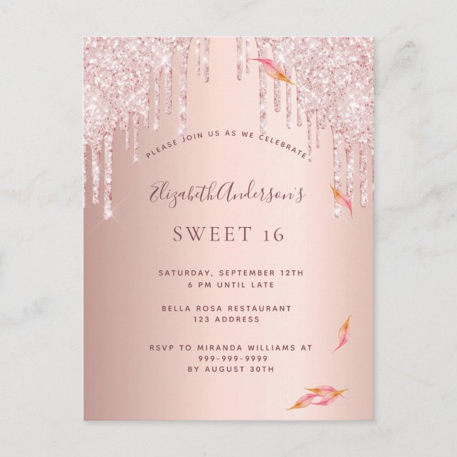 Fall sweet 16 party rose gold glitter invitation postcard (Front)