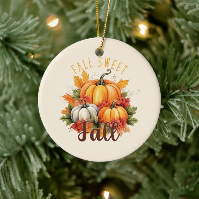 Fall Sweet Fall – Autumn Pumpkins & Leaves Ceramic Ornament (Tree)