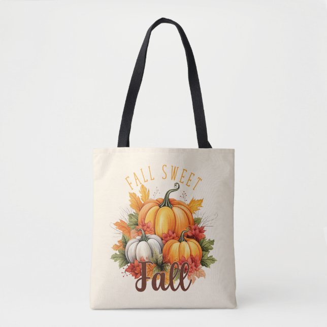Fall Sweet Fall – Autumn Pumpkins & Leaves Tote Bag (Front)