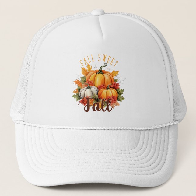 Fall Sweet Fall – Autumn Pumpkins & Leaves Trucker Hat (Front)
