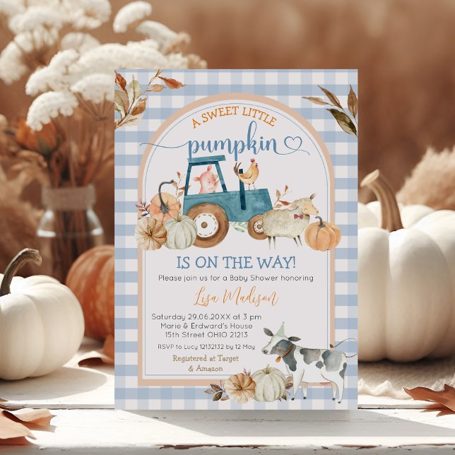 Fall Sweet Little Pumpkin Blue Gingham Baby Shower Invitation (Creator Uploaded)