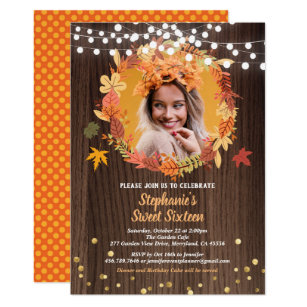 Fall sweet sixteen 16 photo invite wreath rustic