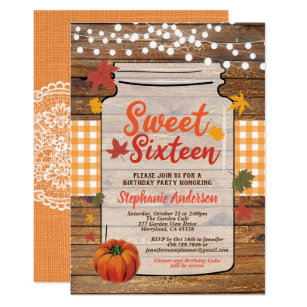 Fall sweet sixteen 16 rustic wood mason jar invitation