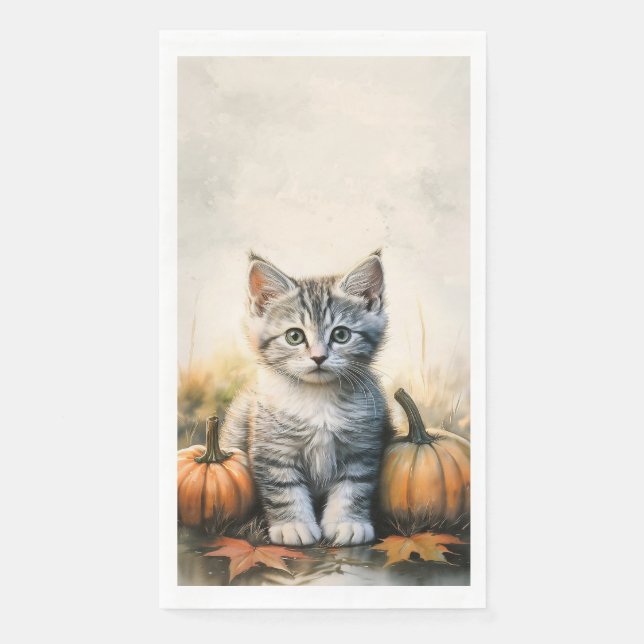 Fall Tabby Kitten Long Paper Napkin (Front)