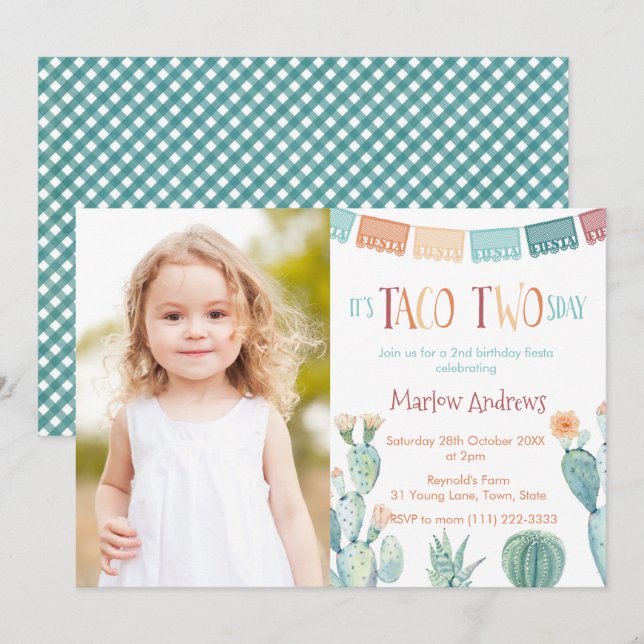 Fall Taco TWOsday Fiesta 2nd Birthday Party Photo Invitation (Front/Back)