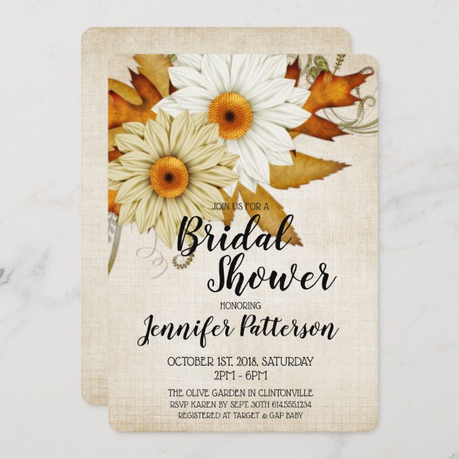Fall Tan & White Flowers Bridal Shower Invitation (Front/Back)