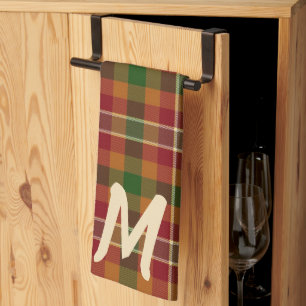 Fall tartan plaid monogram tea towel