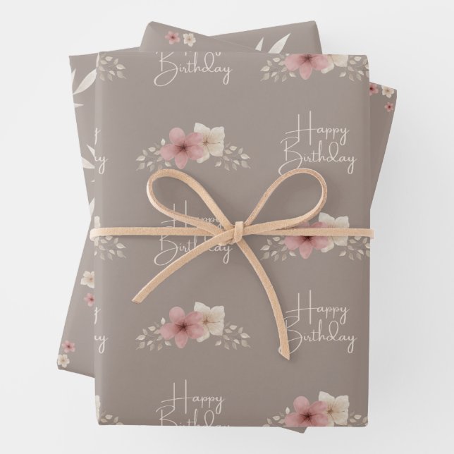 Fall Taupe and Pink Floral Wrapping Paper (In situ)