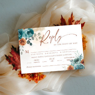 Fall Teal Burnt Orange Boho Meal Wedding RSVP