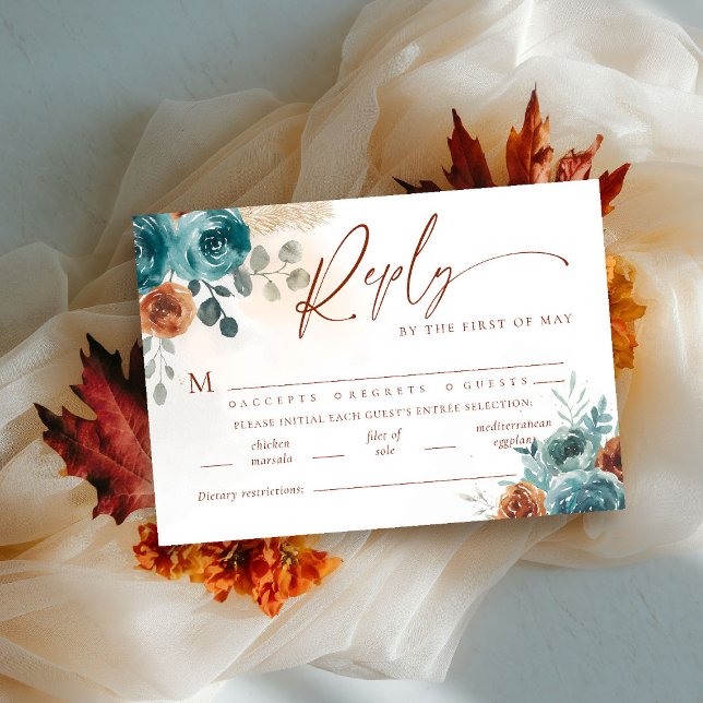 Fall Teal Burnt Orange Boho Meal Wedding RSVP (fall in love wedding reply rsvp meal teal burnt orange terracotta watercolor floral botanical earthy)
