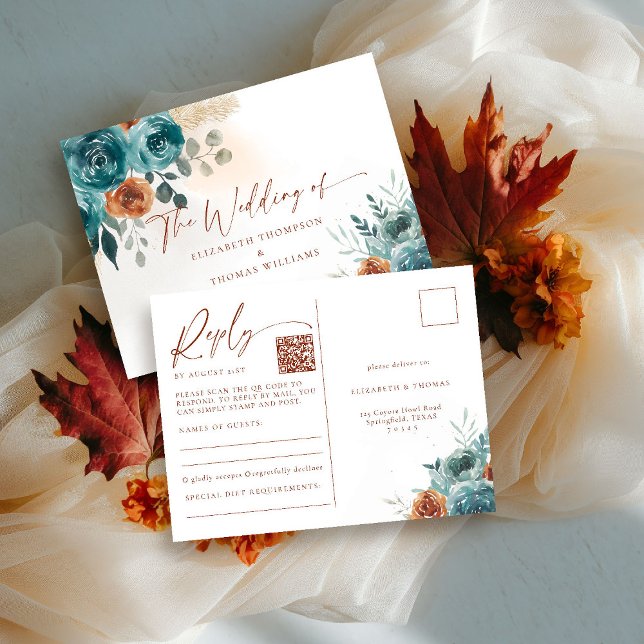 Fall Teal Burnt Orange Boho Romantic QR Code RSVP Postcard (fall in love wedding reply rsvp postcard meal teal burnt orange terracotta watercolor floral botanic)