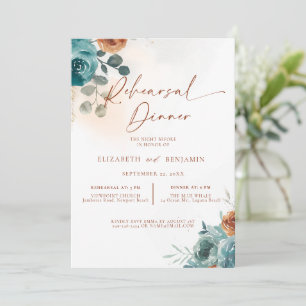 Fall Teal Burnt Orange Boho Wedding Rehearsal Invitation