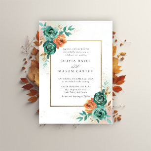 Fall Teal Burnt Orange Botanical Frame Wedding Invitation