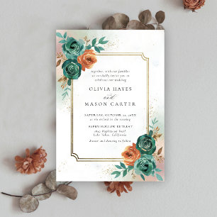 Fall Teal Burnt Orange Elegant Gold Frame Wedding Invitation