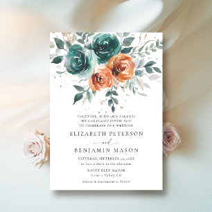 Fall Teal Burnt Orange Floral Bohemian Wedding Invitation