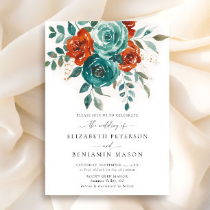Fall Teal Burnt Orange Floral Elegant Wedding Invitation