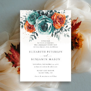 Fall Teal Burnt Orange Floral Romantic Wedding Invitation