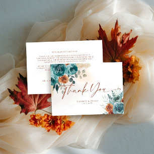 Fall Teal Burnt Orange Roses Watercolor Greenery Thank You Card
