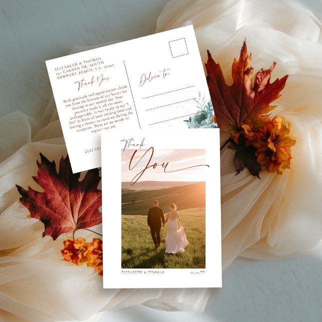 Fall Teal Burnt Orange Wedding Photo Thank You Postcard (fall wedding shower baby photo thank you teal burnt orange terracotta watercolor floral botanical)